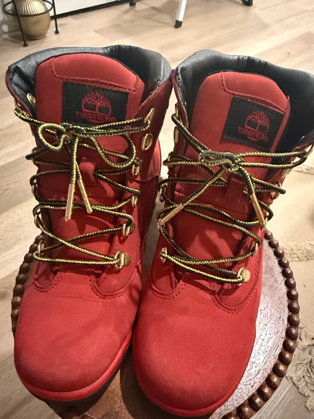 Timberland Red Leather Boots with Black Lug Soles